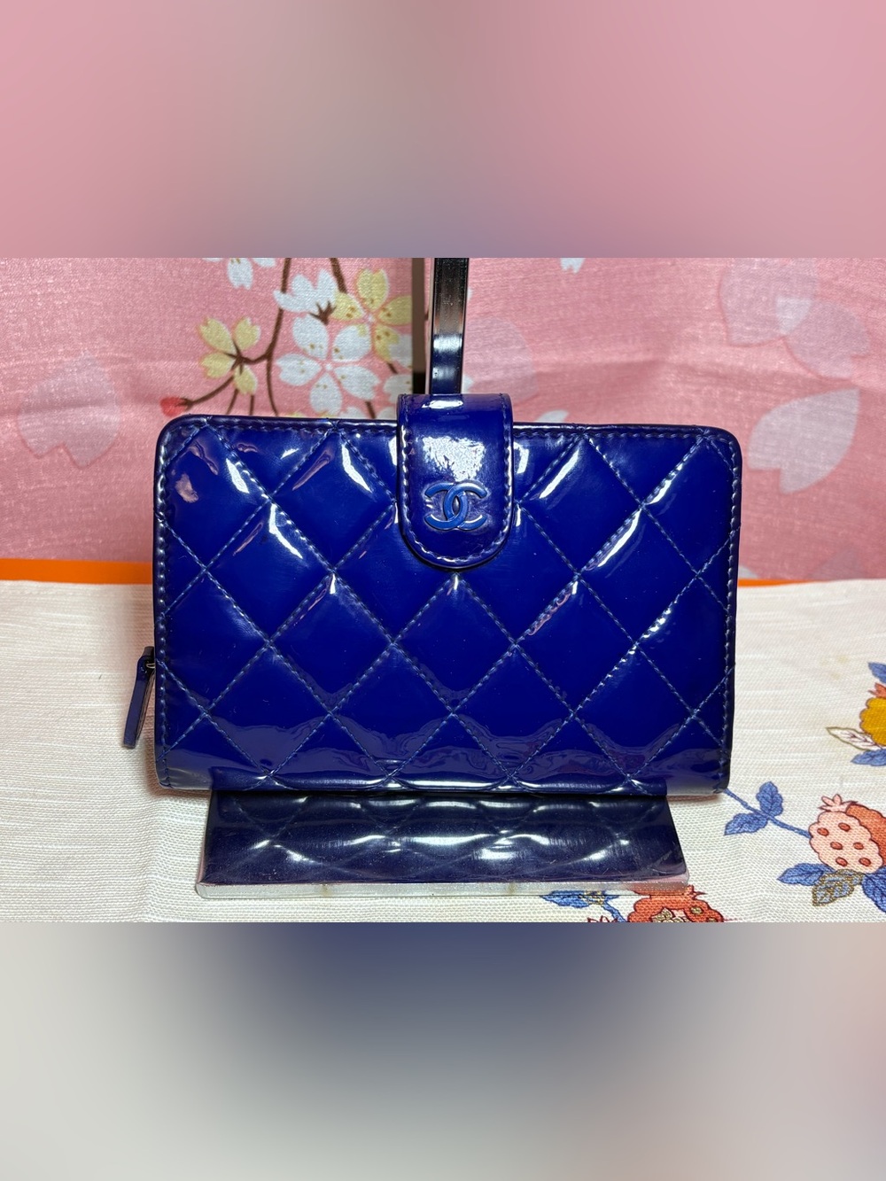 Chanel Classic Quilted Patent Leather French Purse Wallet Blue Authentic